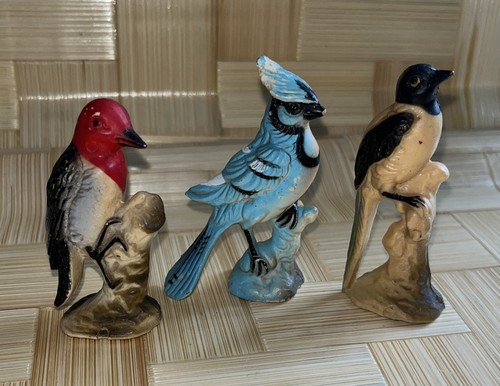 Vintage Set of 3 Celluloid Birds Figurines Blue Jay Wood Pecker Black Bird