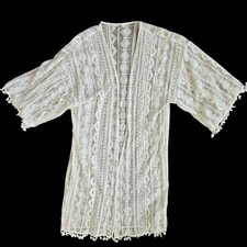 Fairy Lace Sheer Kimono Duster White Ethereal Layering Fringe Open Women Medium
