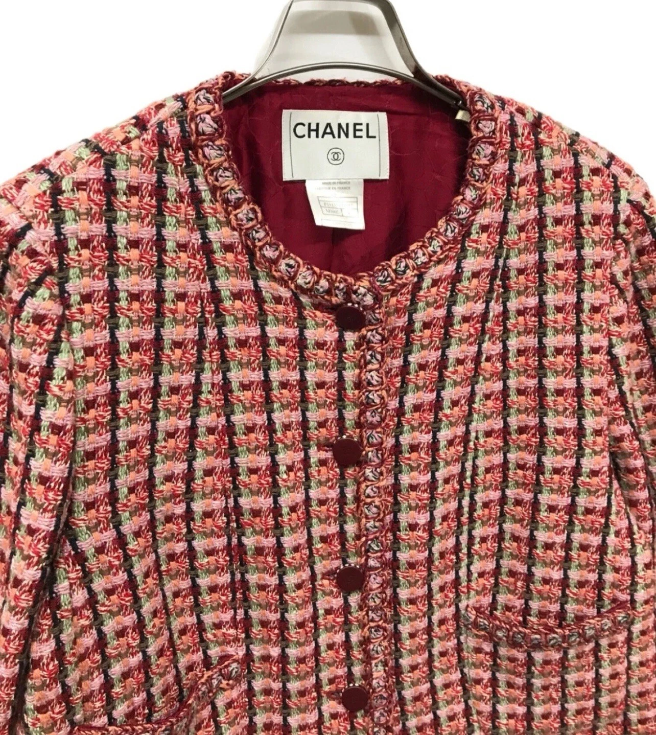 CHANEL GIACCA TWEED FANTASIA rosso rosa verde cristallo CC Boucle taglia 38