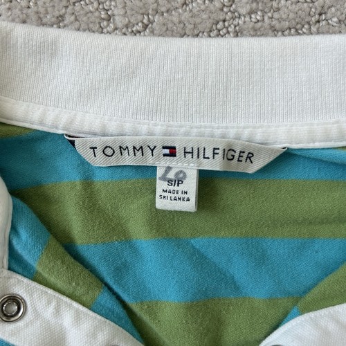Camisa Tommy Hilfiger Mujer Pequeña De Colección Y2k Manga Larga Polo Rayas Logo Azul Verde - Imagen 6 de 8