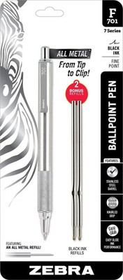 Zebra F-701 Metal Pen, 0.8Mm Fine Point Retractable Stainless Steel Ballpoint