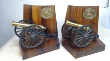 Vtg State Farm Fire Casualty Bookends with Cannon Fireman Helmet Brass Wood Iron