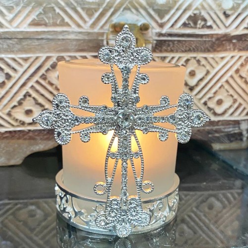 3 Diamante Crystal Cross Silver Tealight Candle Holder Wedding Baptism Memorial - Picture 2 of 2