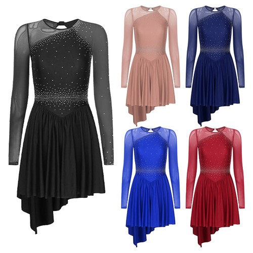 Womens Figure Skating Long Sleeve Mesh Glitter Rhinestone Gymnastics Dress - Picture 4 of 49