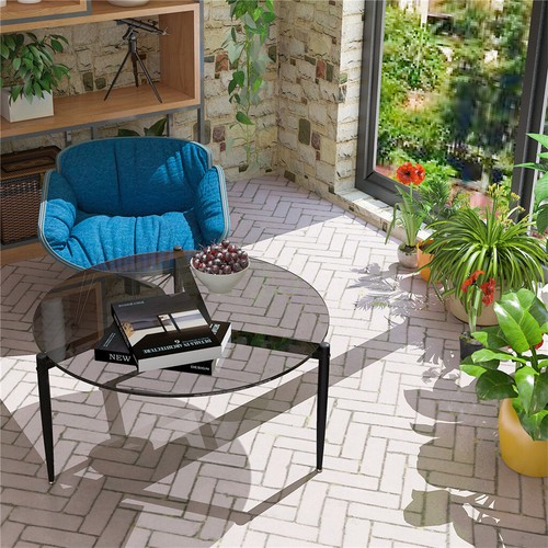 Set of 2 Minimalist Round Nesting Coffee Table Glass Side End Table Accent Table - Picture 2 of 18