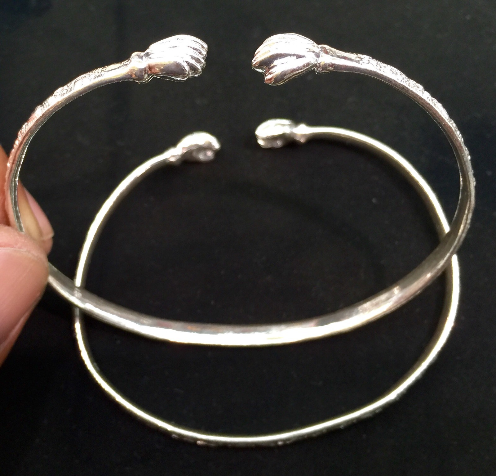 Pair Of Fist Head Handmade West Indian Sterling Silver Bangles