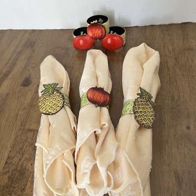 Vintage Metal Napkin Rings Food Pineapple, Tomato, Onion Set Of 6 -India