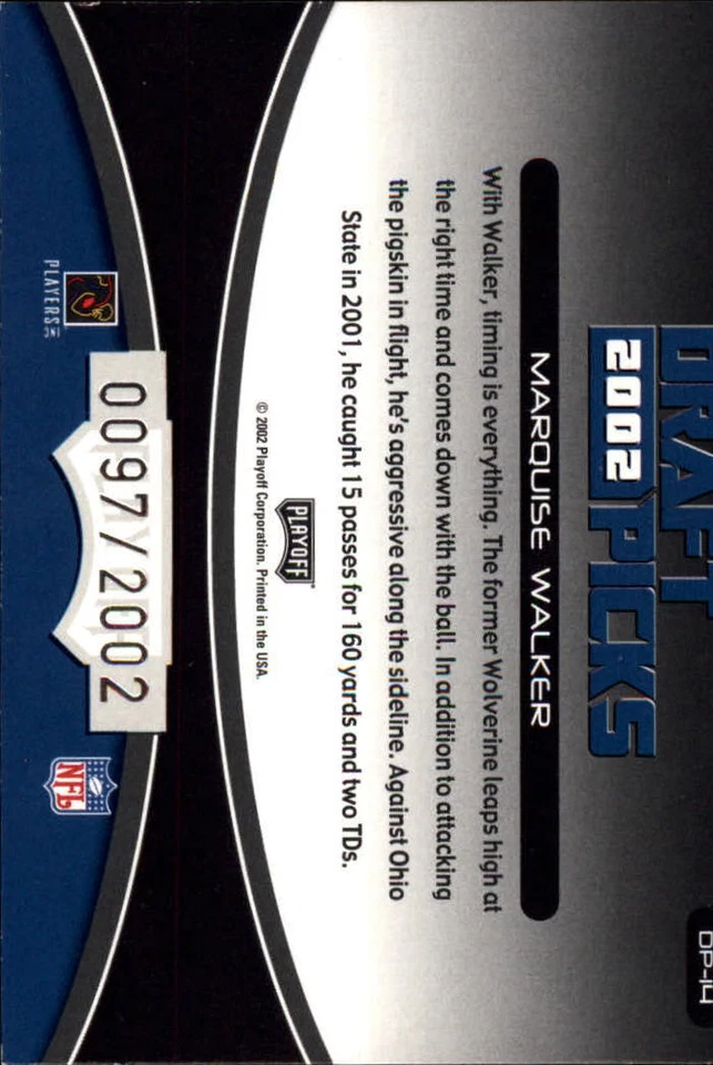 2002 Playoff Prestige Draft Picks #DP14 Marquise Walker RC Card Rookie /2002  - Image 2 of 2