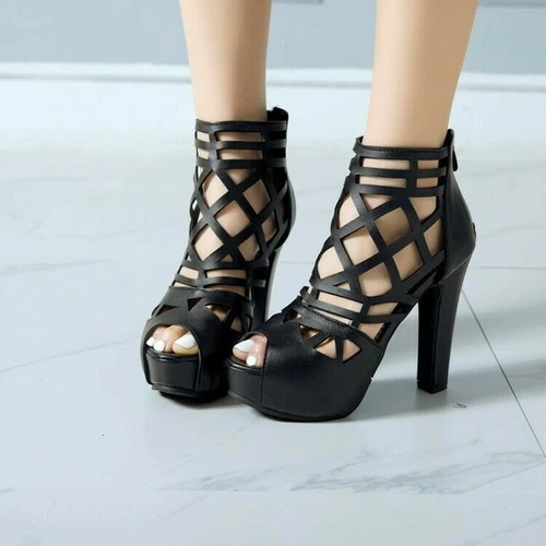 Sandalias de plataforma para damas Peep Toes tamaño grande bloque tacones altos zapatos huecos cremallera - Imagen 17 de 22