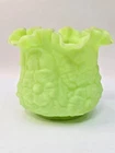 Vintage Fenton Green  Ruffle Poppy Flower Frosted Uranium Glass Vase or Planter