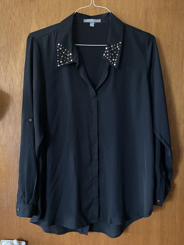 NWOT Ladies NY Collection Black Long Sleeve Blouse Sexy Studded Bling Collar XL