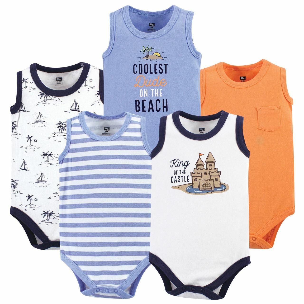 Hudson Baby Sleeveless Bodysuits, 5-Pack, Sandcastle
