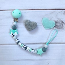Nuckelkette Bow Pacifier Chain with Name Grey Mint Green Mint Fuchs