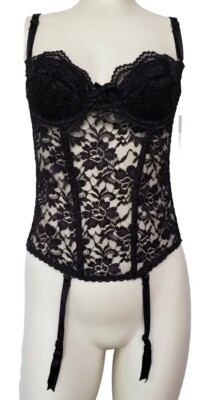Vintage Lover's Lane Black Lace Bustier Corset Top w/ Garters Size 36 Glam  Rock