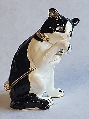 Cat Licking Paw  B & W Rhinestones & Gold Trim Jewelry Trinket Box 2443604 NWT -