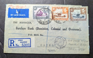 1941 Registered British KUT Airmail Cover Jinja Uganda to Cairo Egypt