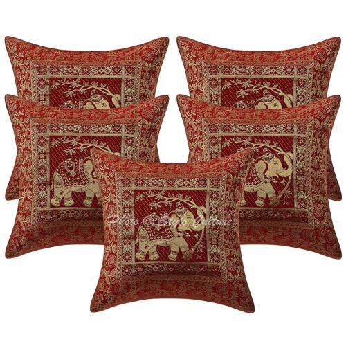 16" Ethnic Indian Brocade Set Of 5 Throw Pillowcases Elephant Cushion Covers - Picture 1 of 3