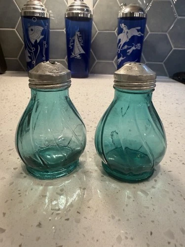 Jeannette Ultramarine Swirl Teal Salt and Pepper Shaker Pair Depression Glass
