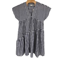 NEW Anthropologie 11 1 TYLHO Navy Blue Gingham Check Swing Dress Cottage Sz S