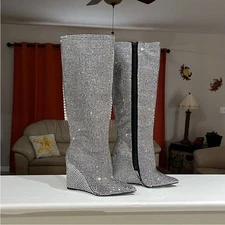 Gianni Bini Gabortwo Rhinestone Pointed Toe Tall Wedge Boots Size 7 M NWOB