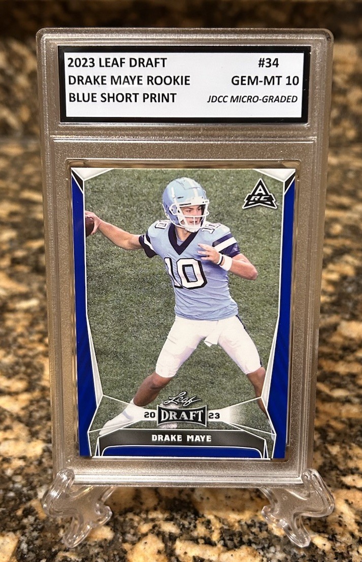 Drake Maye 2023 Leaf DRAFT BLUE Graded GEM-MT 10 ROOKIE CARD #34. Coa!