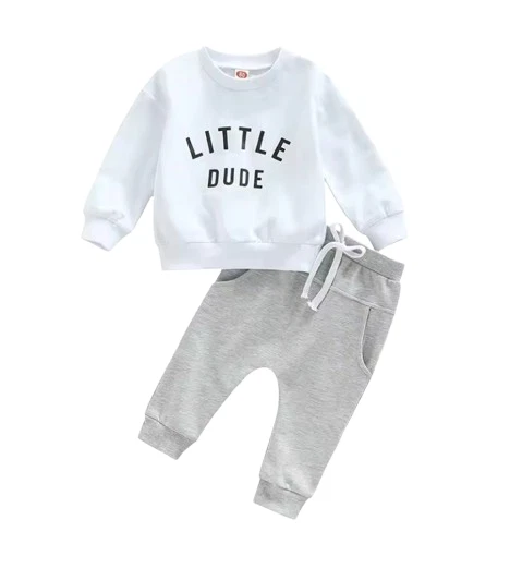 Baby Boy White Clothes Autumn Set Letter Print Sweatshirt Top Elastic Drawstring