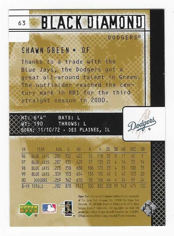 2000 Upper Deck Black Diamond Shawn Green Los Angeles Dodgers Baseball #63 - Image 2 of 2