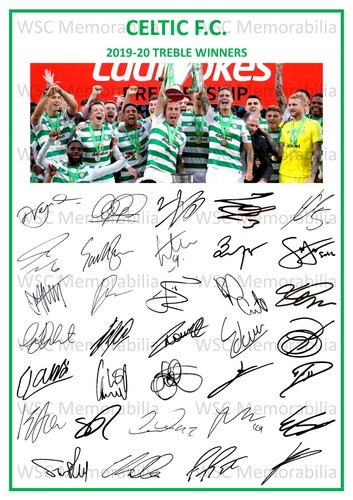 12828. 2019-20 Glasgow Celtic Signed Team Photo Sheet PRINTED AUTOS A4 Treble