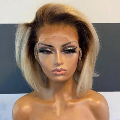 Lace Front Bob Wig Blond Brown Ombre Straight 10-12in Free-Part for Women