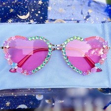 Handmade Pink Boho Festival Sunglasses Mushroom Hippie Floral Bling Glasses