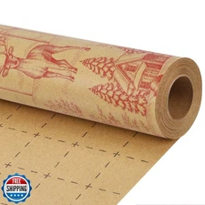 LaRibbons Christmas Kraft Wrapping Paper Roll, Rustic Red Winter Toile Theme 