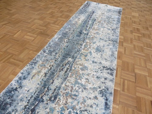 3'1 x 12 Runner Hand Knotted Fine Modern Abstract Oriental Rug With Silk G15349 - Picture 3 of 16