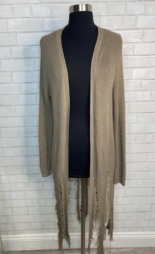 Distressed Shredded Tan Taupe Long Duster Cardigan Sweater Women’s M/L Grunge - Picture 5 of 14