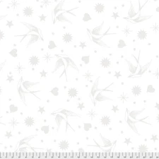 Cotton Tula Pink Linework Fairy Flakes Birds White Fabric Print by Yard D602.04