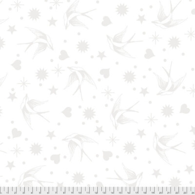 Cotton Tula Pink Linework Fairy Flakes Birds White Fabric Print by Yard D602.04