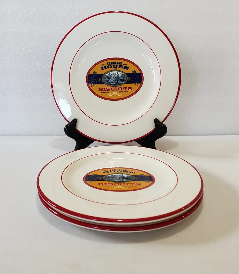 Williams Sonoma Platos 9 1/8" Etiqueta Vintage Galletas Almuerzo Rojo Borde Juego De 3 Foto 2 de 4