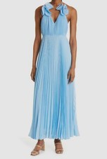  595 Milly Women's Blue Ruffled Shoulder Pleated Halter A-Line Dress Size 6