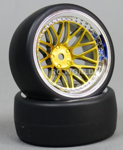 RC 1/10 DRIFT WHEELS TIRES Package 9MM Offset GOLD W/ CHROME Lip 3 Piece - Picture 2 of 6