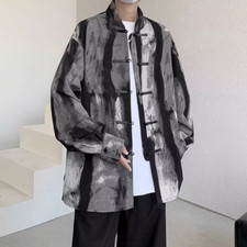 Men Tie Dye Retro Shirt Chinese Mandarin Collar Top Long Sleeve Blouse Party Bar