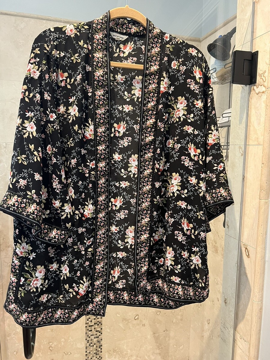 MAX STUDIO Women's Floral Printed Open Front Kimono S black red white