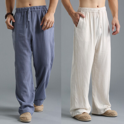 Mens Linen Cotton Loose Pants Elasticated Waist Kung Fu Martial Arts Trousers | eBay