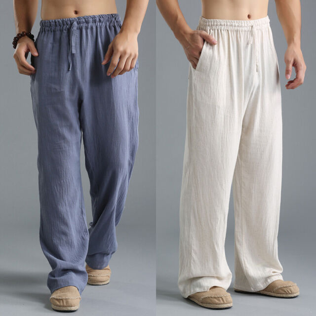 Men Linen Cotton Baggy Pants Elasticated Waist Kung Fu Martial Art ...