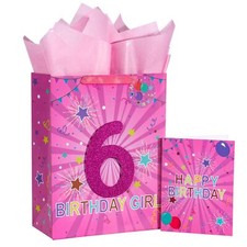 Birthday Pink Gift Bag with Tissue Paper Gift Tag and Greeting Card for 6th G...