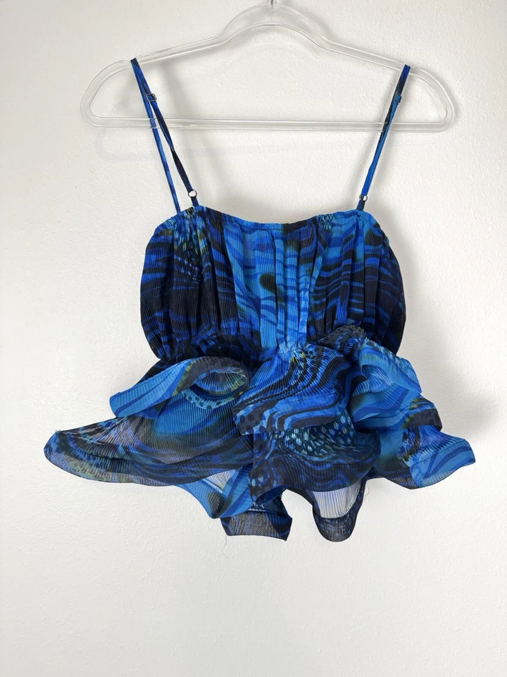 CQ By CQ top women’s Blouse Pleated Cami Textured 3D Artsy Blue Sz Large - Image 2 of 4