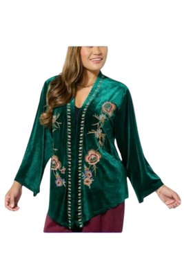 Curations Embroidered Velvet Knit Topper Green