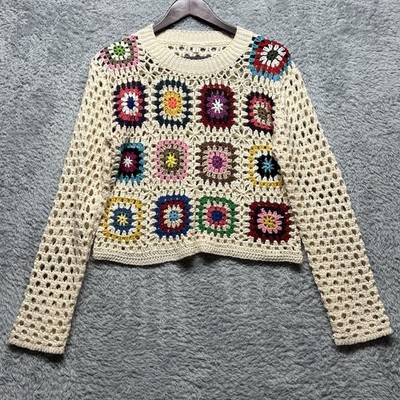 Debut Sweater Womens Medium Cream Crochet Granny Square Patchwork Open Knit Boho