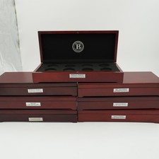 Lot of 8 Wooden Coin Display Boxes   Cherry Finish   Empty Cases