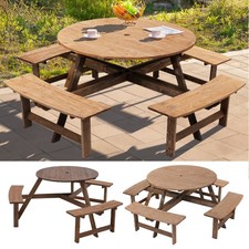 Outdoor 6/8 Seater Wooden Pub Bench Round Picnic Table furniture Garden Patio