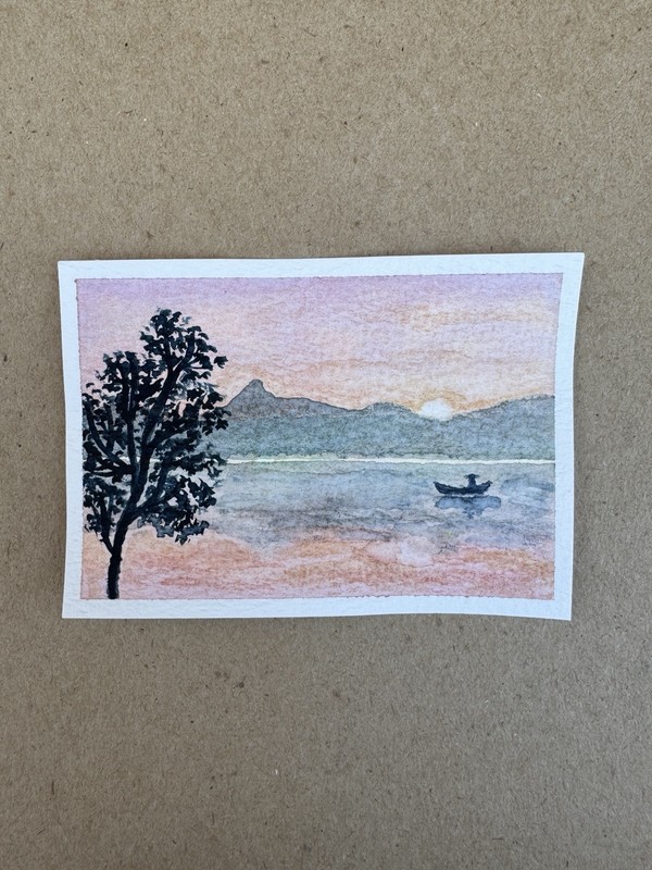 ACEO ORIGINAL Lake Sunset Waterscape Sunrise Atmospheric Landscape by Kinsmoor