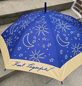 Vintage Karl Lagerfeld Sun Moon Stars Umbrella Estate Blue Beige Gold Signature